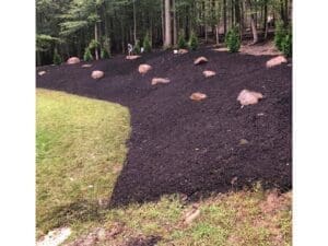 Mulched wooded landscape bed with decorative boulders and trimmed lawn