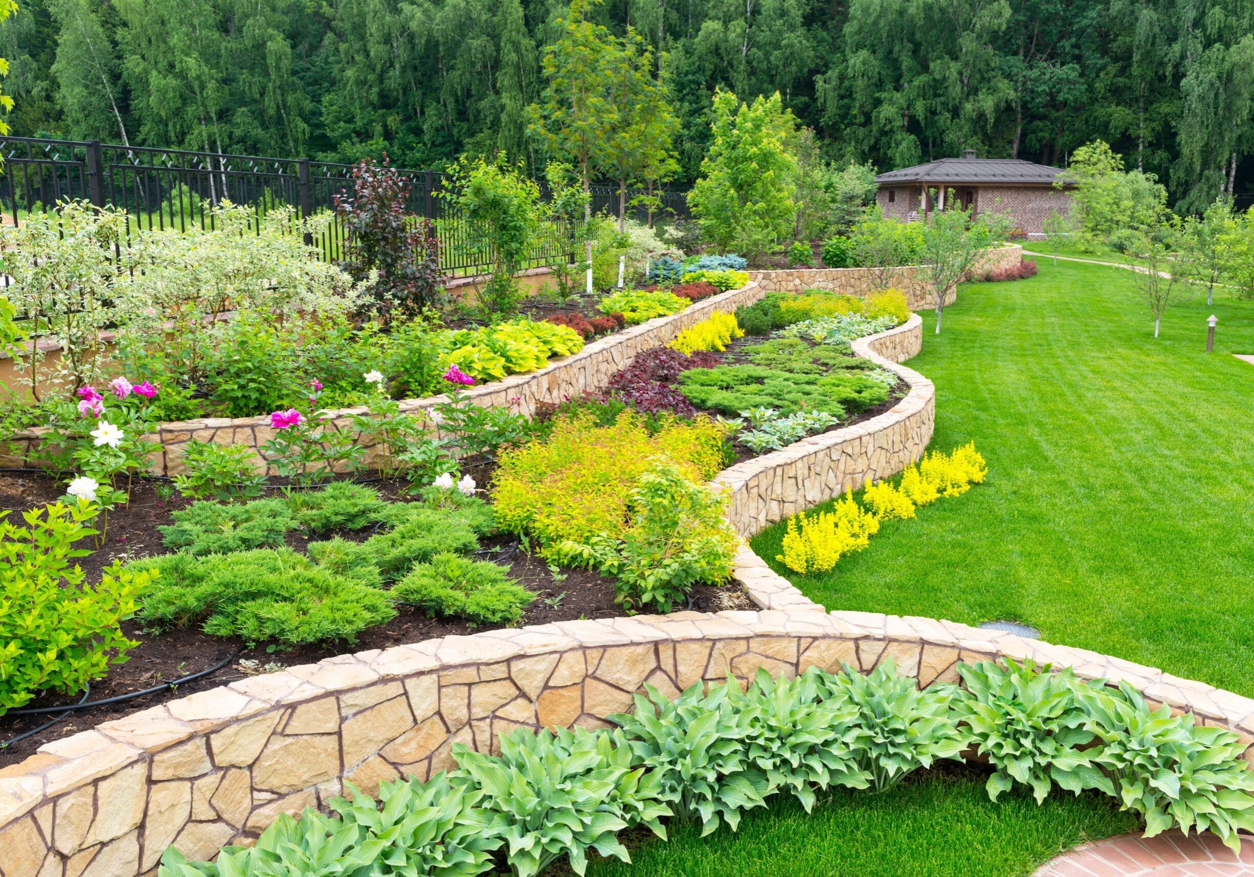 Backyard landscaping with natural stone and beautiful plants and greenery